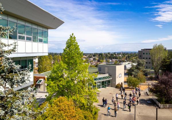 Group of students walking past the VIU Student Union