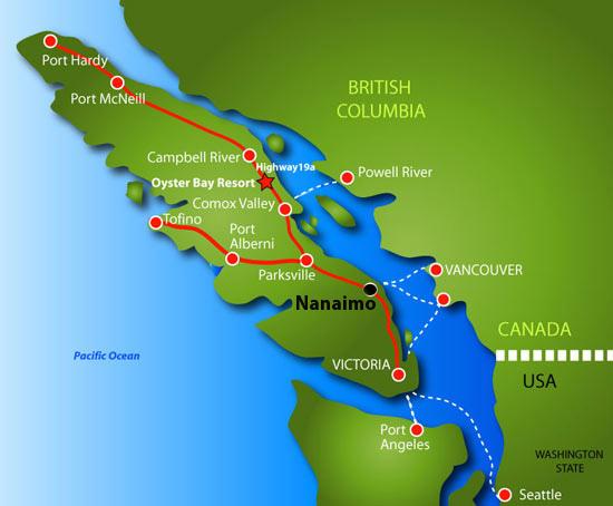 Map of highways on and routes to Vancouver Island